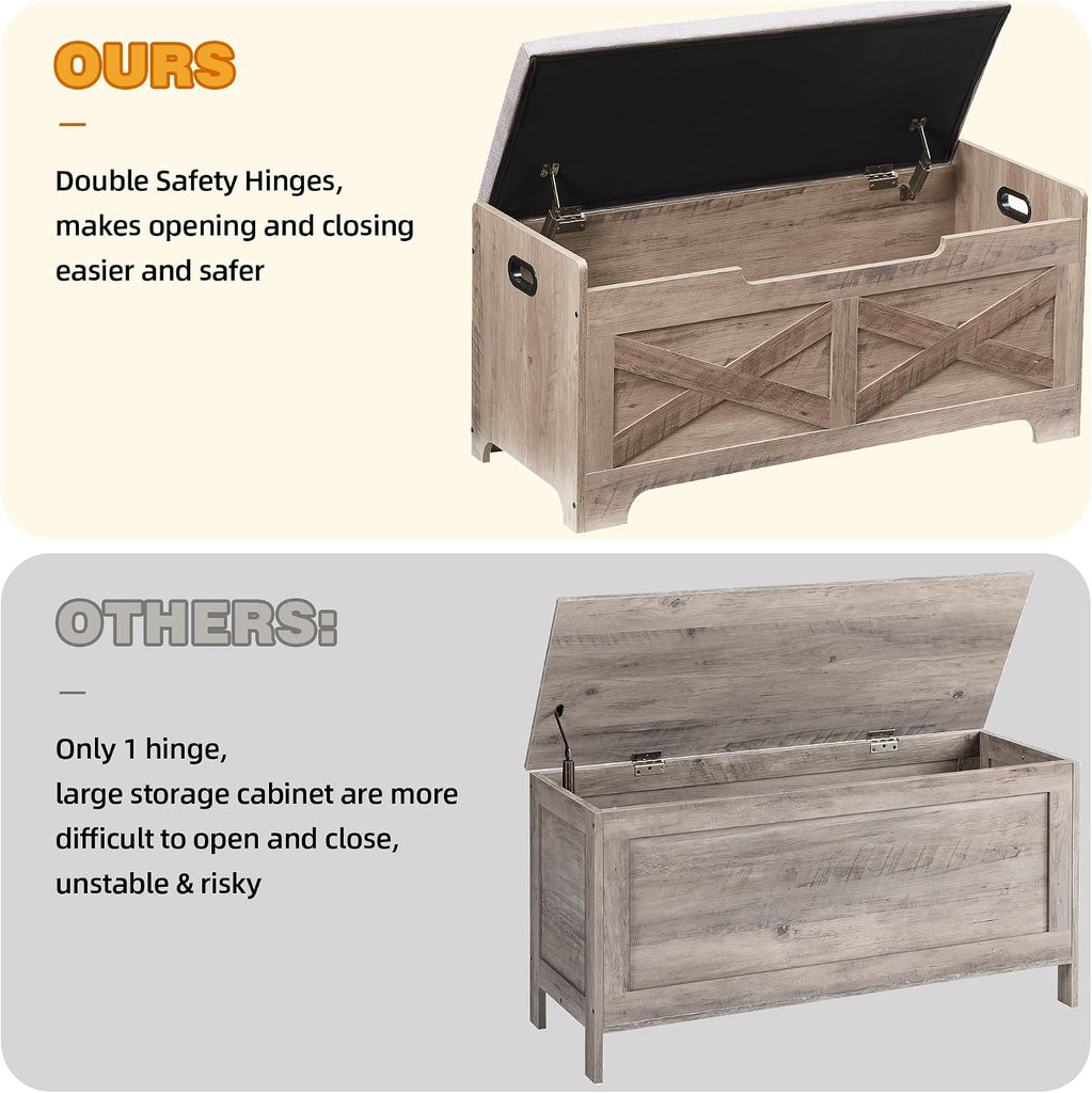Storage Chest, Farmhouse Storage Trunk, Wooden Entryway Storage Bench with Safety Hinge and Lift-Top , Grey