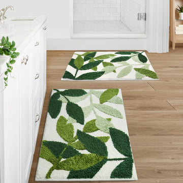 Green Bathroom Rug Set 2 Piece, Non-Slip Strong Water Absorbent Plush Microfiber Bath Mat Rug Set, Machine Washable