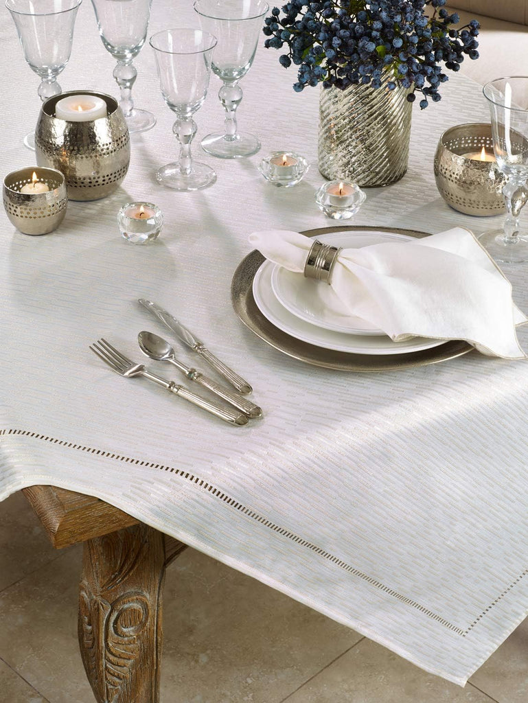 Linette Shimmering Hemstitched Tablecloth 65" W x 160" L - Ivory Rectangle Table Cover, Baquets, Wed