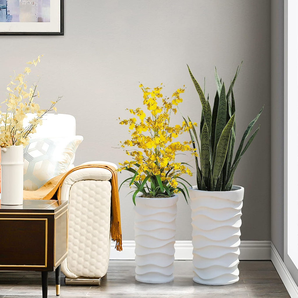 Tall Planters for Outdoor Plants, Set of 2 Garden White | With Drainage Hole and Rubber Plug, Modern White