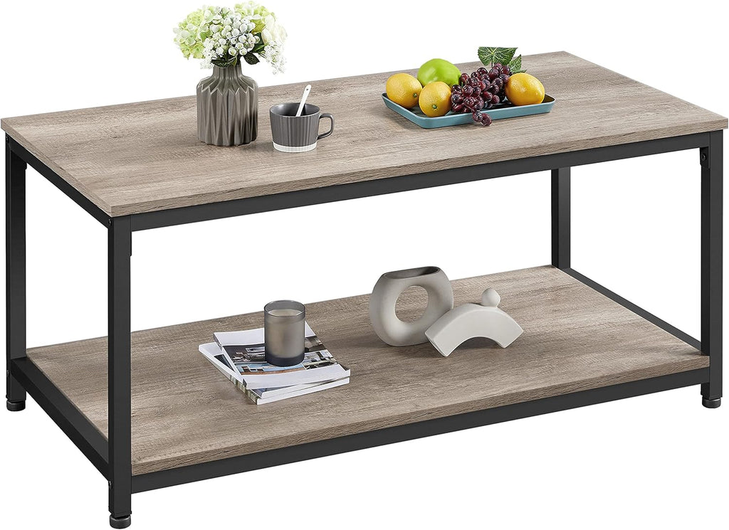 39.5" 2-Tier Coffee Table with Storage Shelve, Industrial Gray Coffee Table, Easy Assembly