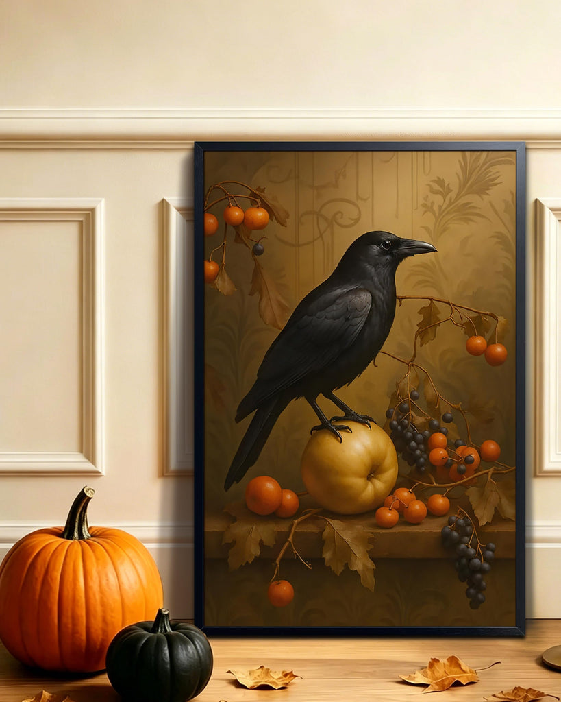 Halloween Crow Wall Art Canvas Framed Poster Painting Print Picture, Dark Academia Raven Bird Gothic Still Life