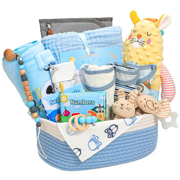 Baby Boy Gifts,Baby Shower Gifts for Boys,Large Baby Boy Gift Basket Set with Swaddle Rattle Toys,Essential