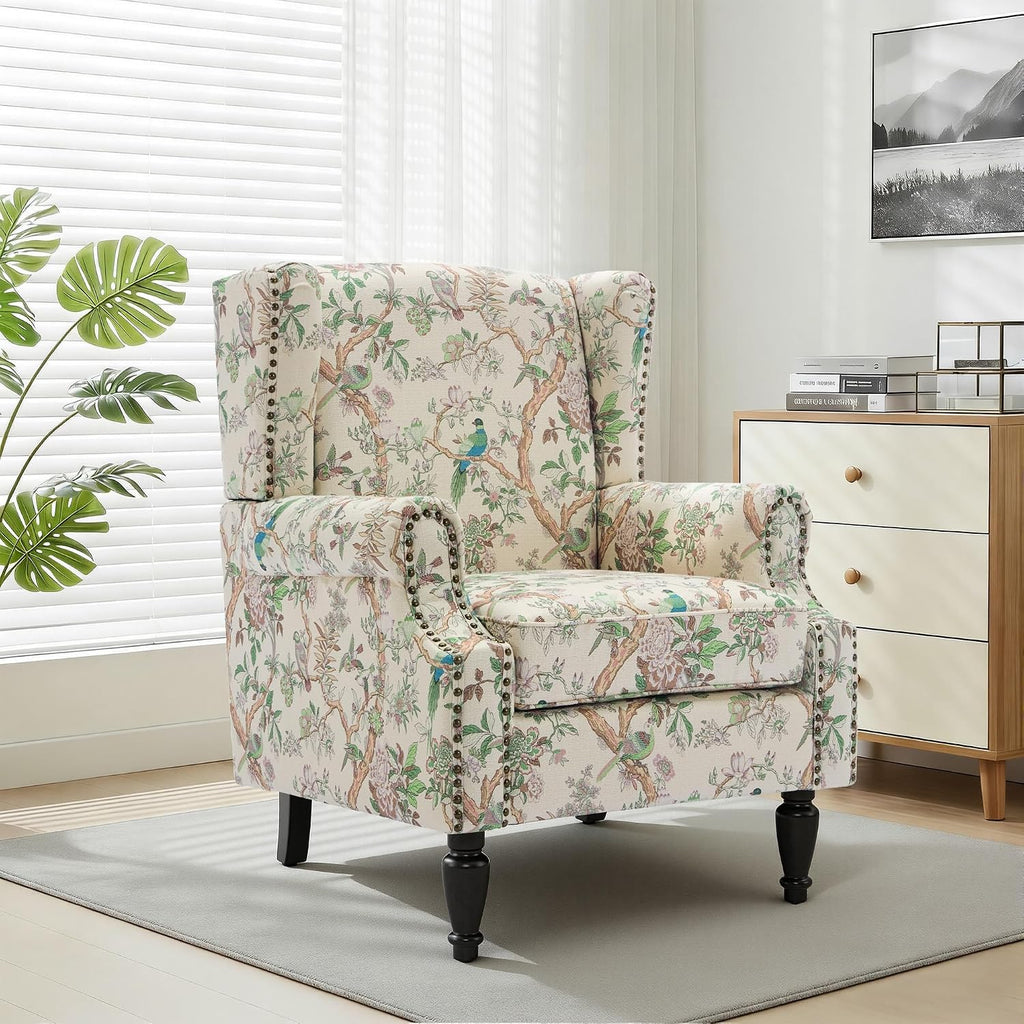 Wingback Chairs Set of 2, High Back Floral Accent Chair in Fabric, Comfy Upholstered Armchair with Nailhead Trim