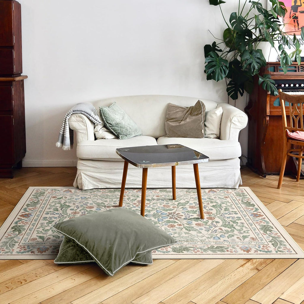 Floral Indoor Entrance 3x5 Area Rug, Washable Vintage Boho Entryway Rugs, Low Pile Non Slip Soft Car