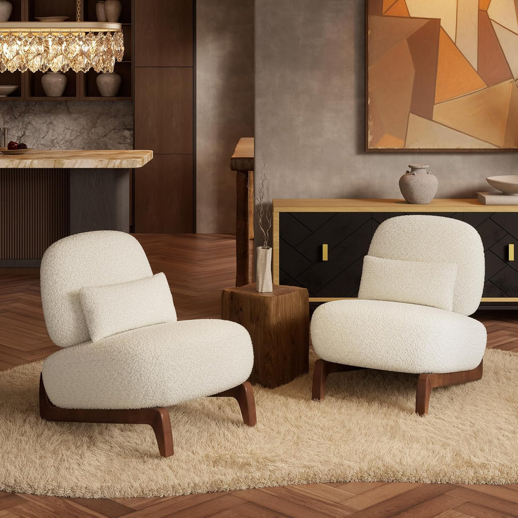 Boucle Chair, Upholstered Accent Chair Tilted Wooden Leg with Durable Comfy Boucle Pet-Friendly Thick Cushion &