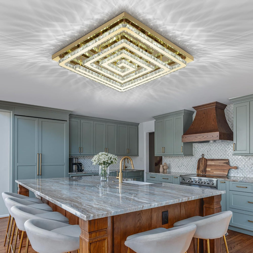 43" Modern Gold Crystal Chandelier with Remote/App Control, Dimmable Flush Mount Ceiling Light Fixture,3-Color