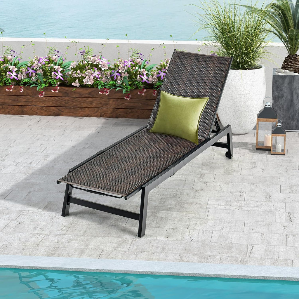 Patio Chaise Lounge Chair - Outdoor PE Rattan Recliner Chair with Wheels, 5-Position Adjustable Backrest, Steel Frame