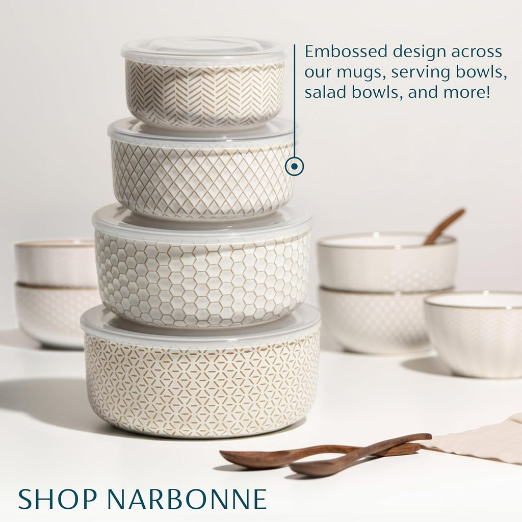 Serving Bowls, with Lids, Ceramic Nesting Bowls, Set of 4, Embossed, Kitchen, Prep, Stackable, Gift, Microwave and