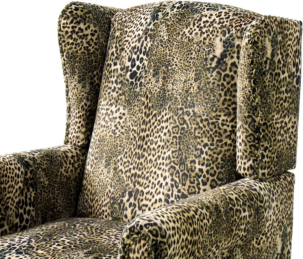 Wingback Accent Chair with Leopard Print Fabric, Retro Armchair with Nailhead Trim and Solid Wood Legs, Comfortable