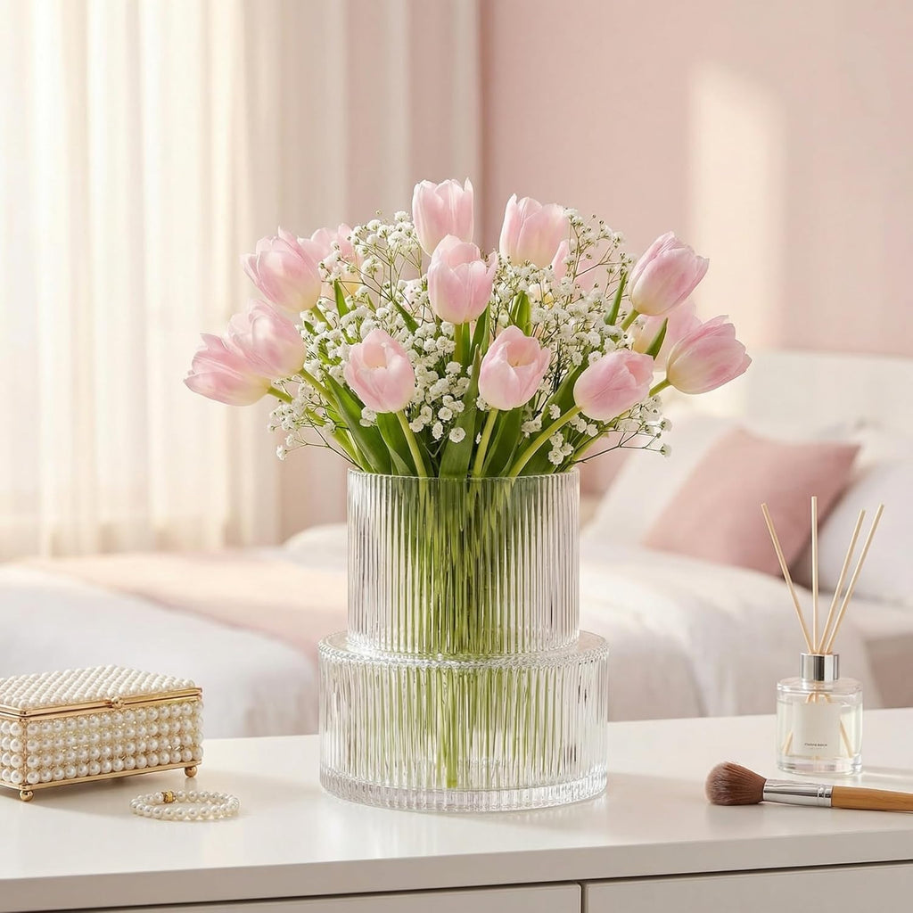 Ribbed Glass Vase, Flower Vase, Fluted Clear Vases