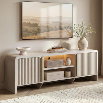70" Fluted TV Stand with LED Light for TVs up to 80 Inch, Modern Television Console Storage Cabinet with Adjustable
