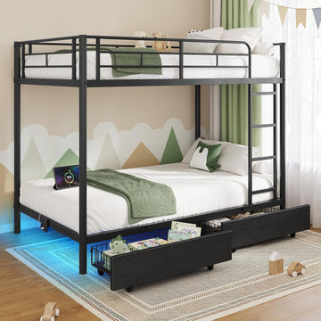 Metal Bunk Bed Twin Over Twin with USB Charging Station, LED Bunk Bed with 2 Storage Drawers