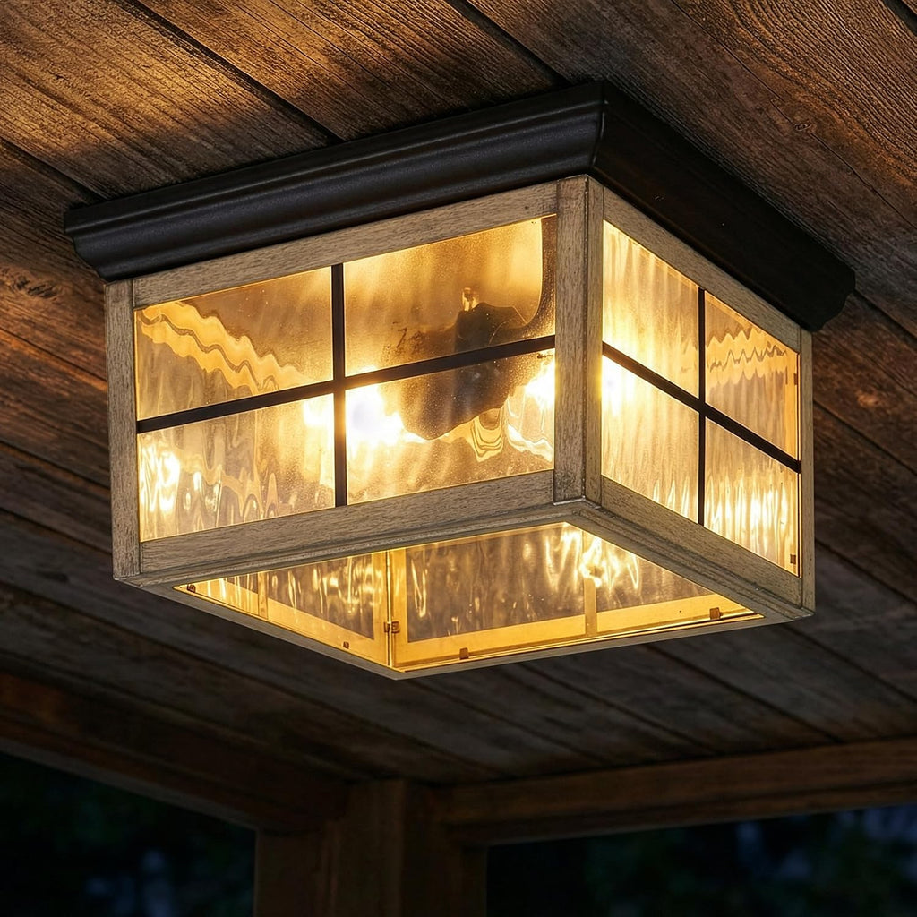 Outdoor Flush Mount Ceiling Light Fixture, Wood Grain, 2-Light | Water Glass, Square Farmhouse, Porch or Patio Light