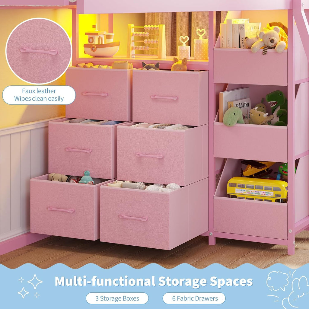 Bunk Bed Twin Over Twin with 6 Storage Drawers and 3 Open Bins, House Bunk Bed with LED Lights