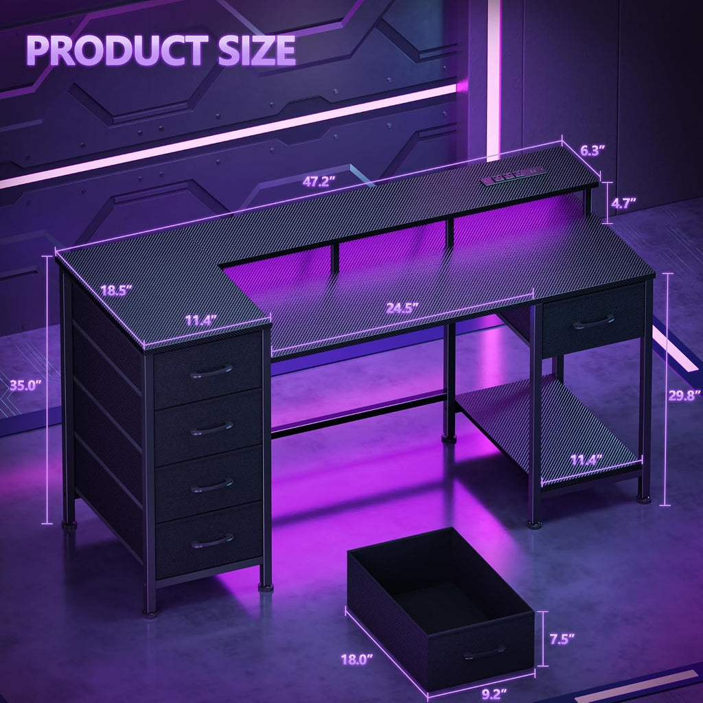 47 Inch Computer Gaming Desk with Power Outlets & LED Lights Reversible Home Office Desk with Adjustable 5 Fabric