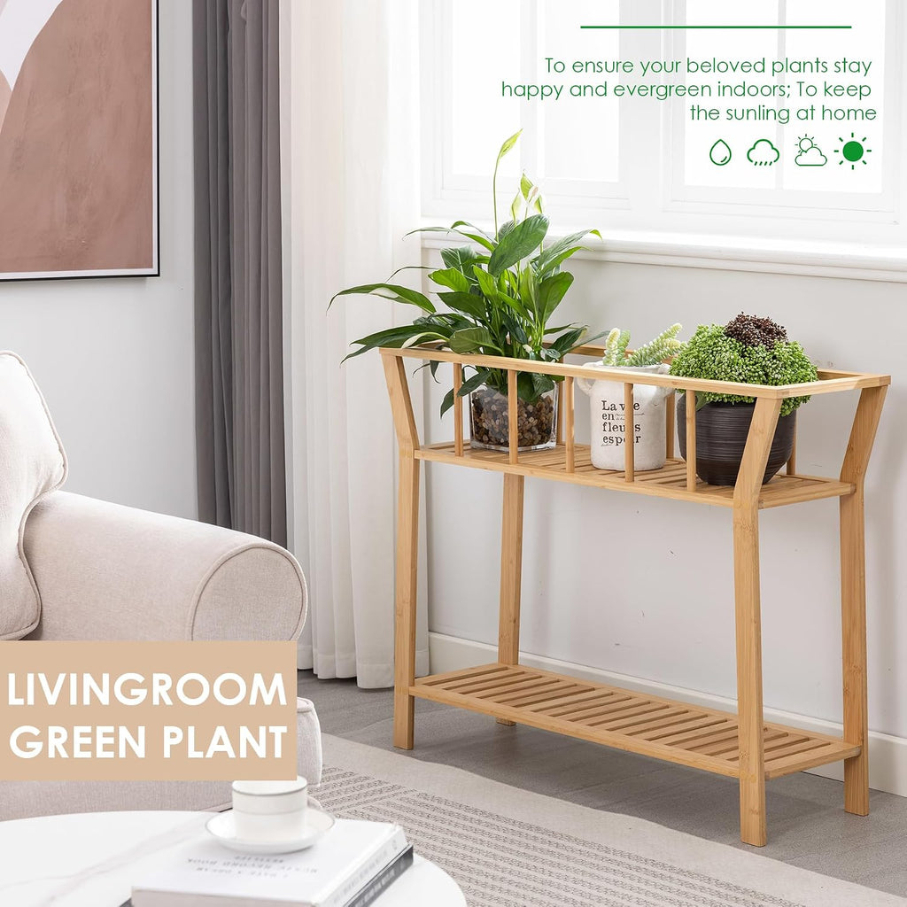 Bamboo Plant Stand Indoor 37.4"x11" 2 Tier Tall Organizer Shelf | Flower Pot Holder, Mid Century Modern Table