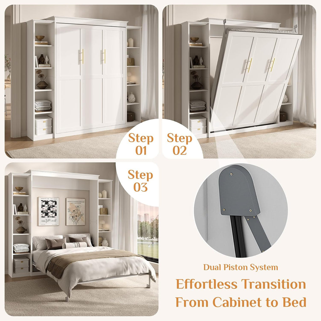 Queen Murphy Bed Cabinet with 5-Tier Adjustable Storage Shelves, Wood Queen Wall Bed Cabinet Bed, Space Saving Beds