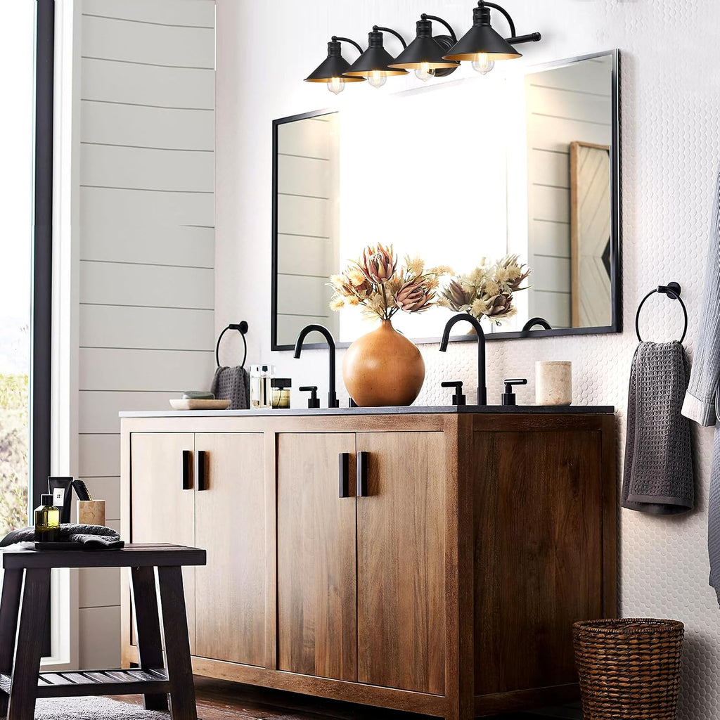 4 Light Bathroom Vanity Light Over Mirror - Black and Gold Farmhouse Wall Light Vanity Powder Room, Rustic Goose Neck
