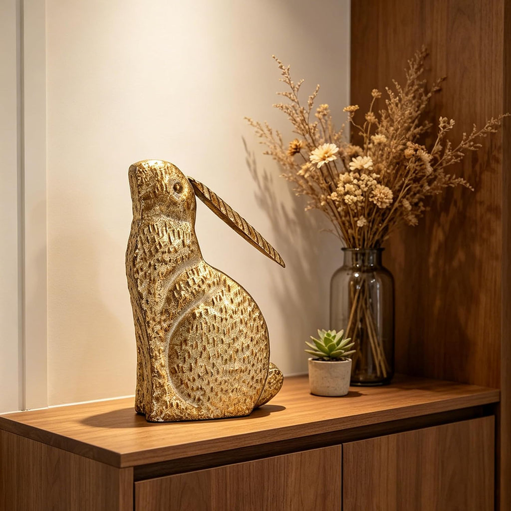 Vintage Rustic Gold Easter Bunny Figurine - 11.81" Tall Metal Rabbit Statue, Spring Farmhouse