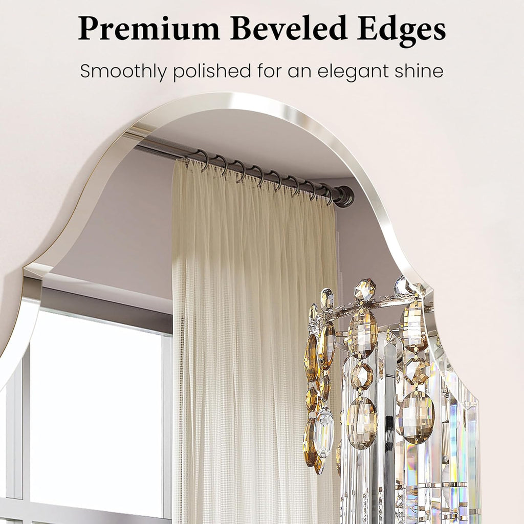 24 x 40 Inch Large Scalloped Arch Mirror, Frameless Beveled Vanity Mirror for Bathroom, Over Sink, Mantel