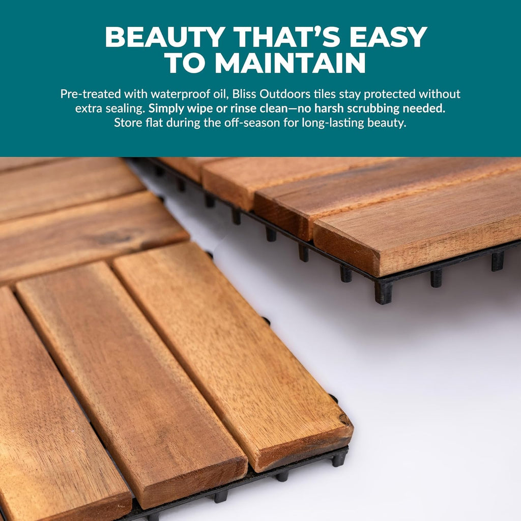 Bliss Outdoors Hardwood 12-Slat Interlocking Deck Tiles, Acacia Wooden Waterproof Patio Flooring for Balcony Indoor and