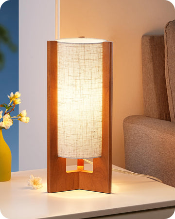 13.5" Small Table Lamp, Walnut Wood Cylinder Nightstand Lamp, E26