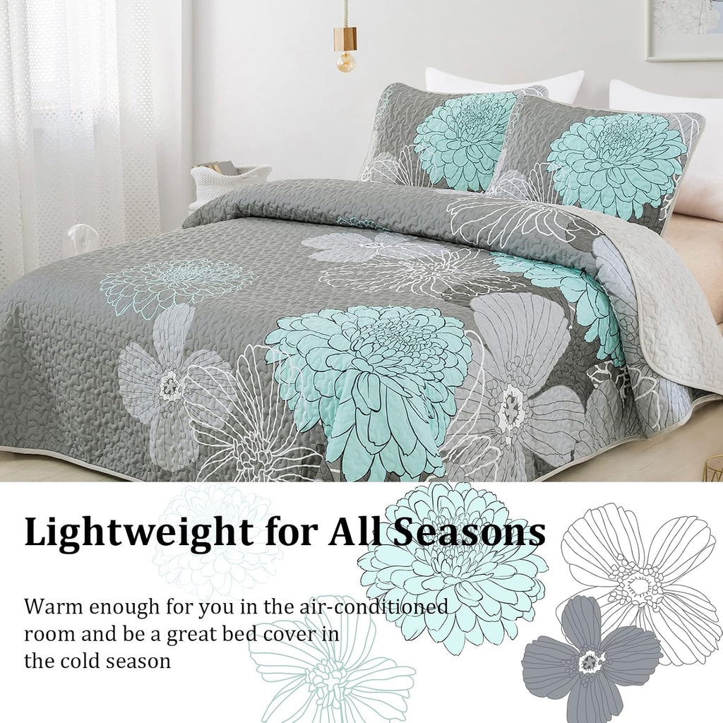 Green Floral Quilt Set - 3 Pieces Boho Flower Quilt Coverlet Elegant Bohemian Bedspread with 2 Pillowcases Soft