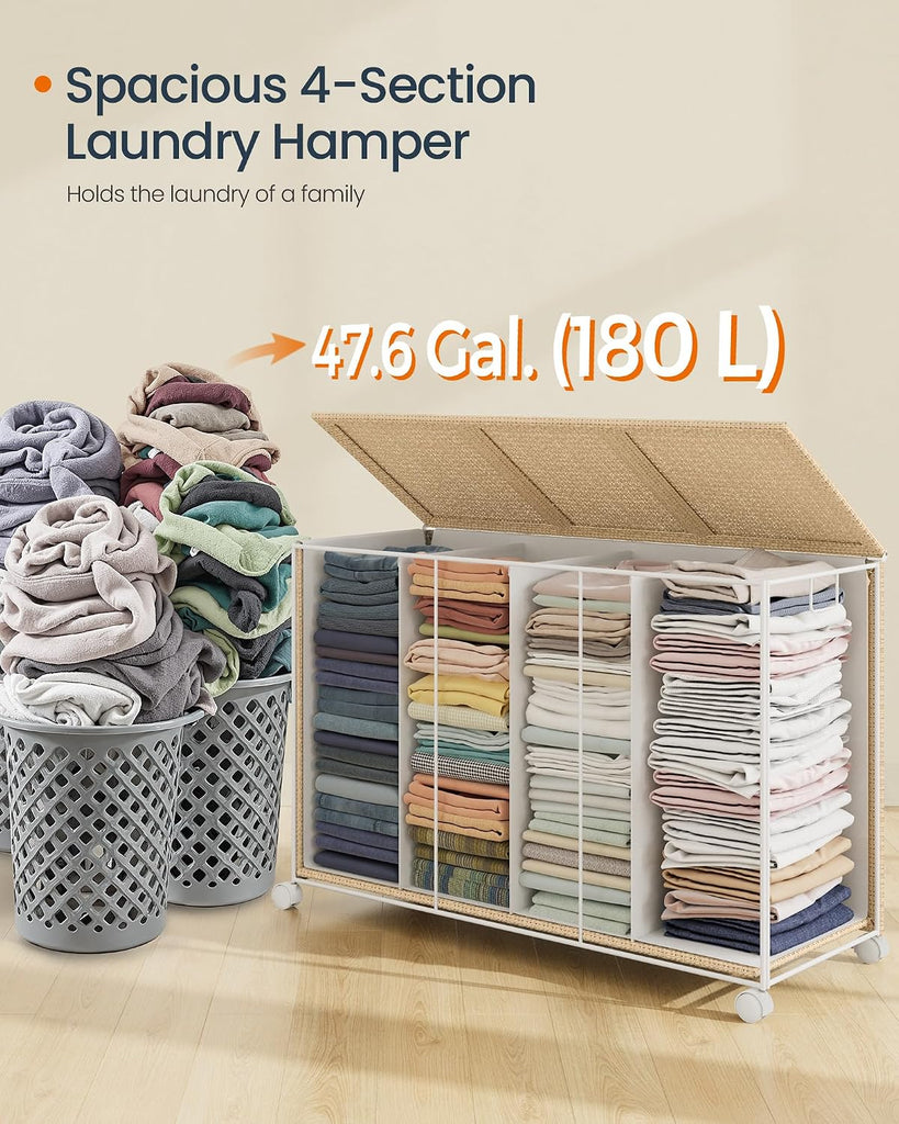Laundry Hamper with 4 Section, 180 L Large Rolling Laundry Basket with Wheels, Rattan Clothes Basket with Lid