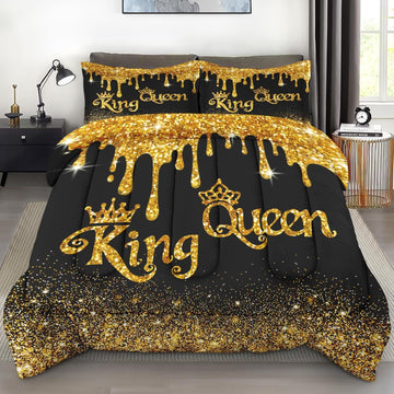 Comforter Set Queen, King Queen Black Gold 3 Pcs Soft Bedding for Kids and Adults