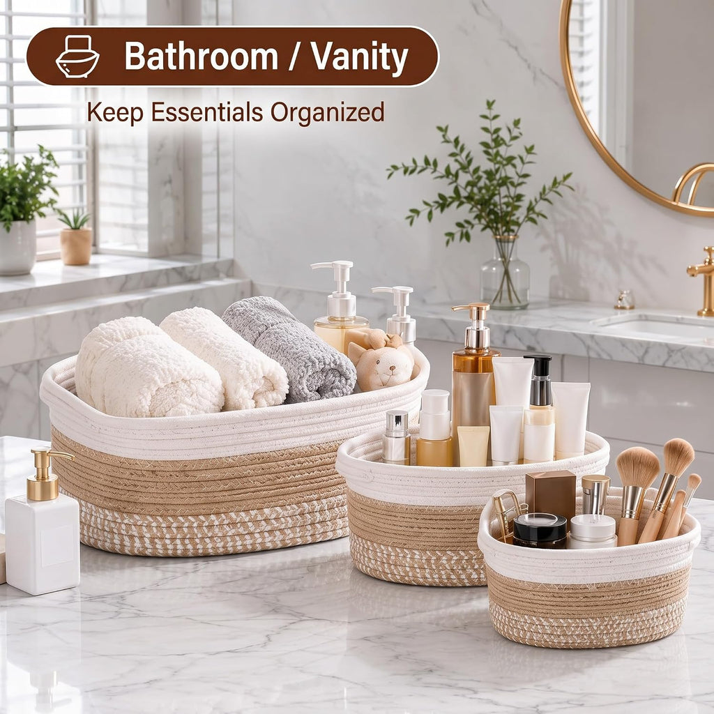 6 Pcs Boho Cotton Rope Storage Baskets for Organizing 3 Sizes Woven Shelf Basket Set Decorative Nesting Fabric Bins