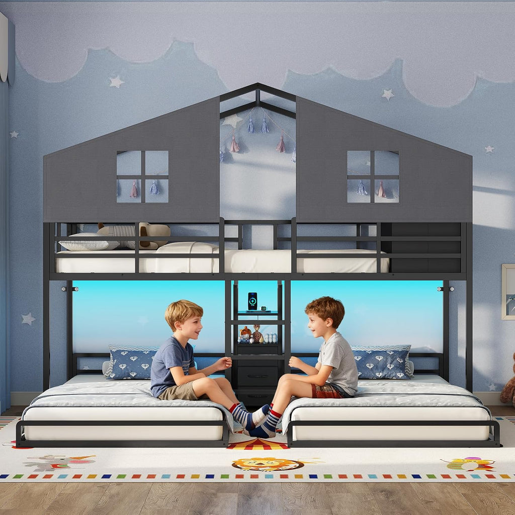 Triple Bunk Bed Twin with House, 4 Storage Drawers, Charging Station and LED Lights