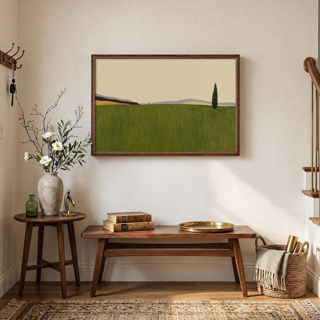 Vintage Framed Green Abstract Landscape Wall Art, Modern Sage Green Canvas Paintings Artwork for Walls, Rustic Tree