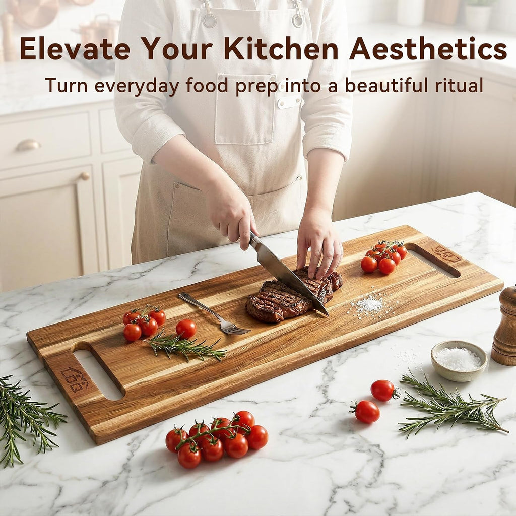 36 Inch Extra Large Charcuterie Board, Acacia Wood Long Serving Board with Handles and 2 Stands, Rectangular Cheese