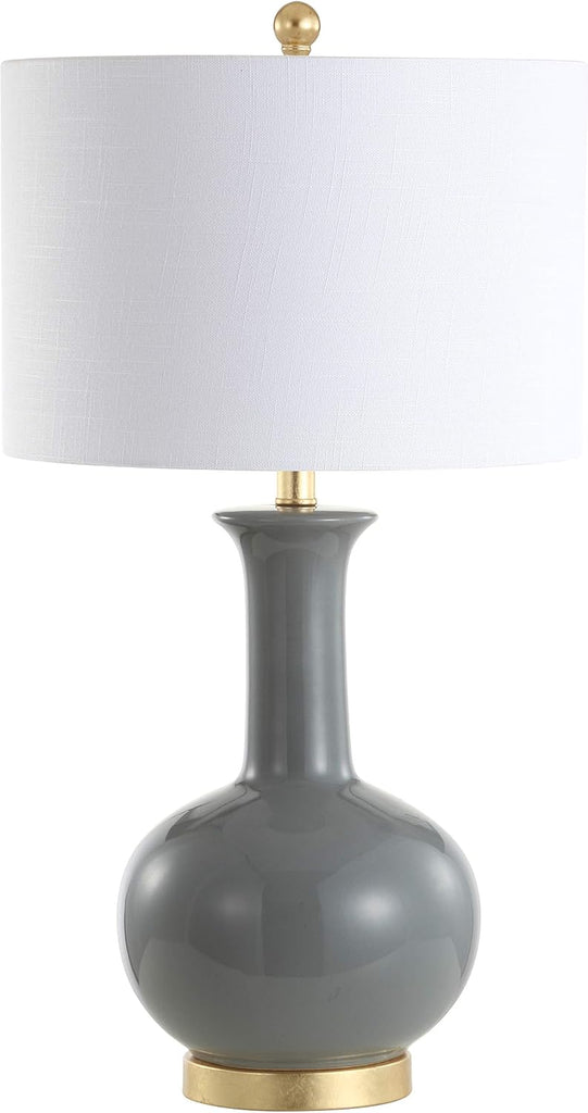 27" Gray/Brass Ceramic Table Lamp Bedroom, Modern Transitional Nightstand Lamp with White Linen Drum Shade