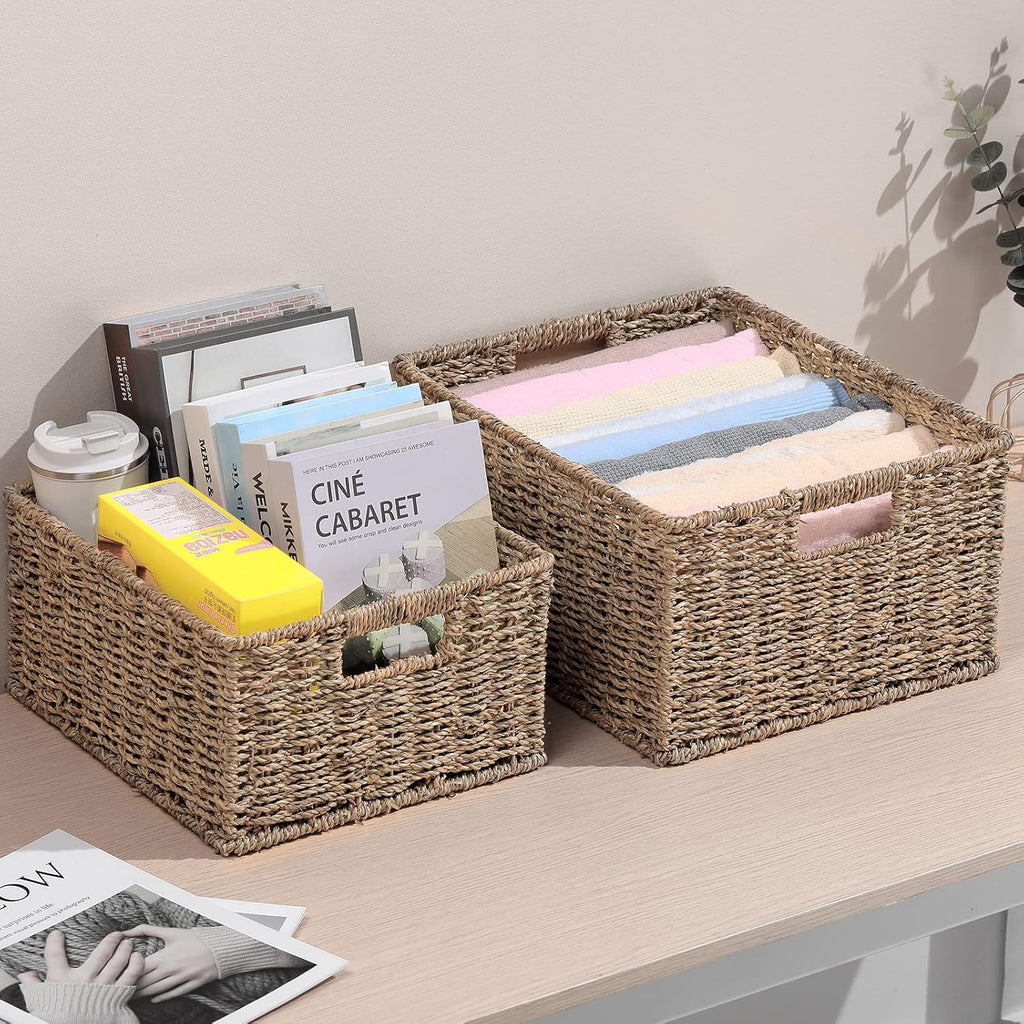 Large Wicker Baskets for Storage, Seagrass Baskets with Dual Handles, Woven Set of 2, Natural