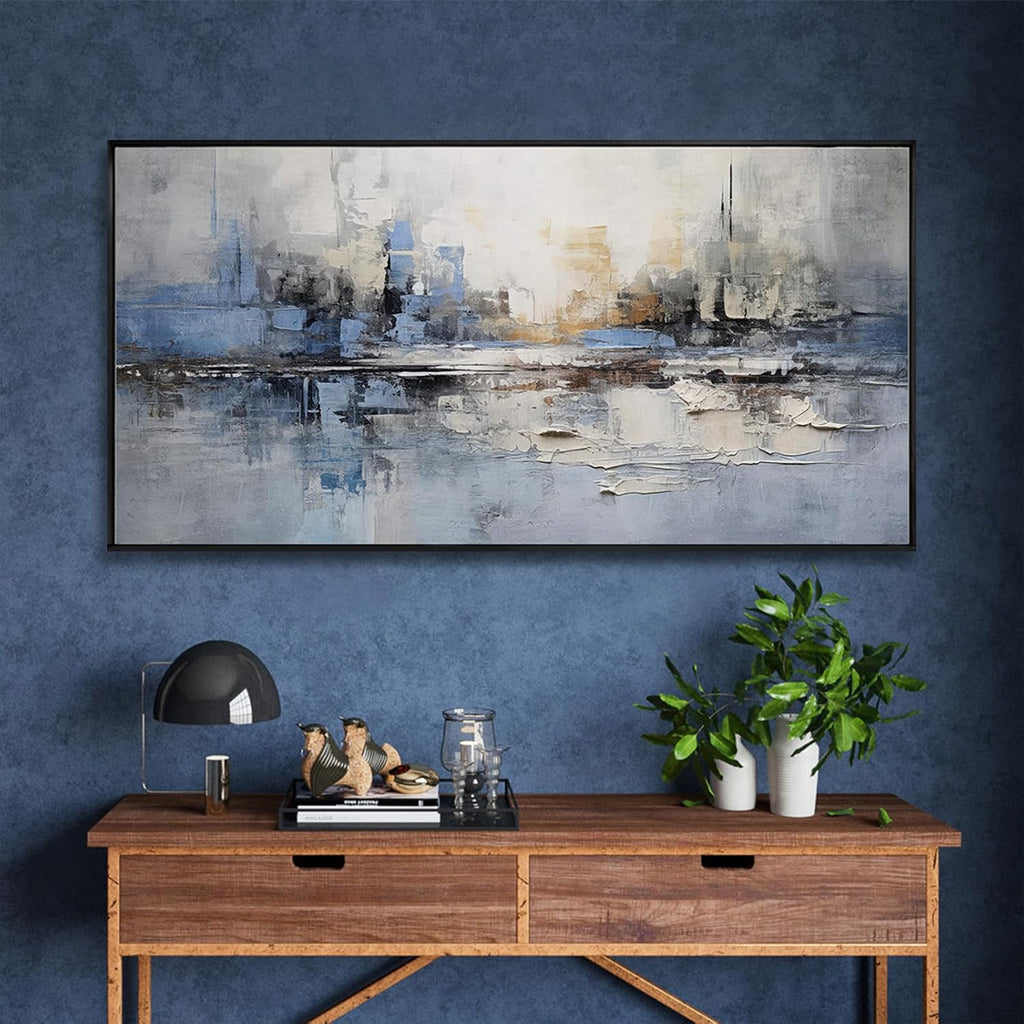 Abstract Wall Art Blue and White Reflection Framed Artwork Wall Decor Canvas Painting Stretched Canvas