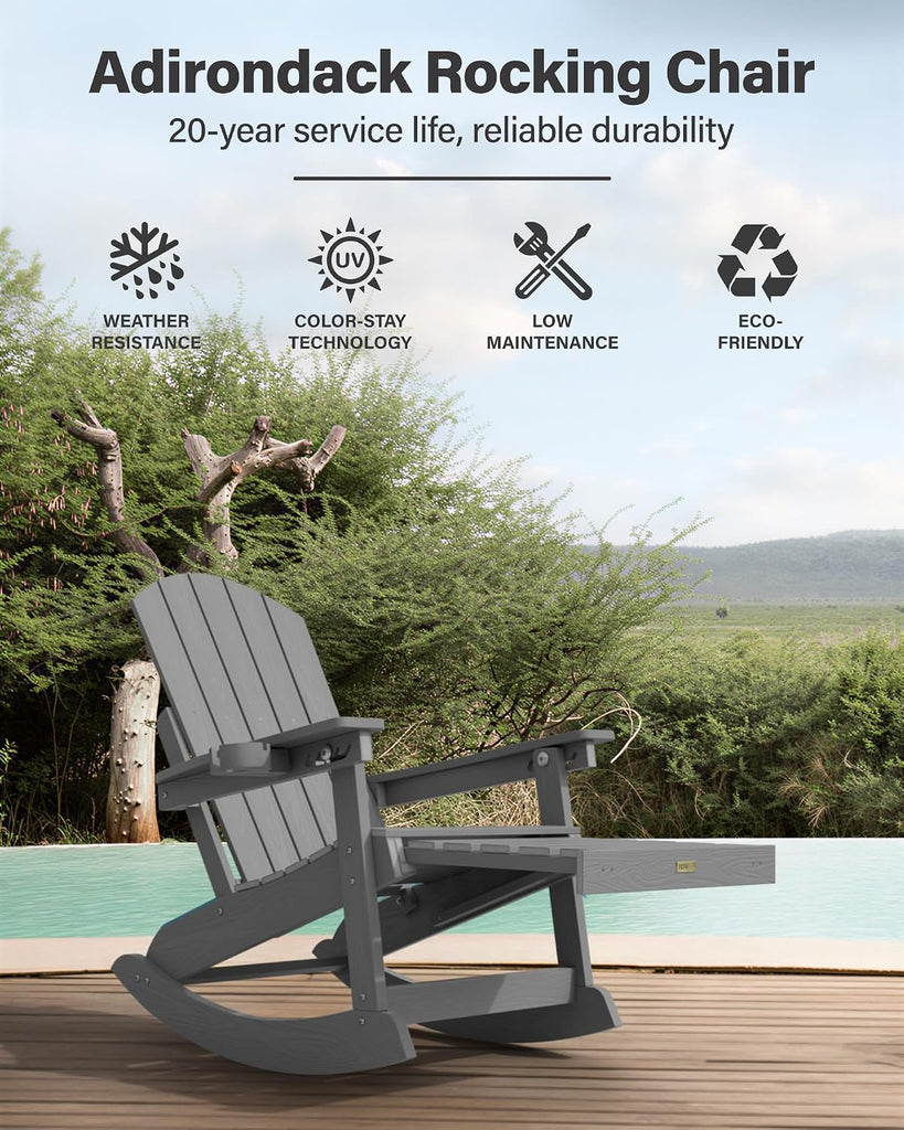 Adirondack Rocking Chairs, Adirondack Chair with Footrest, Grey | 5- Level Adjustable Backrest, Retractable Ottoman &