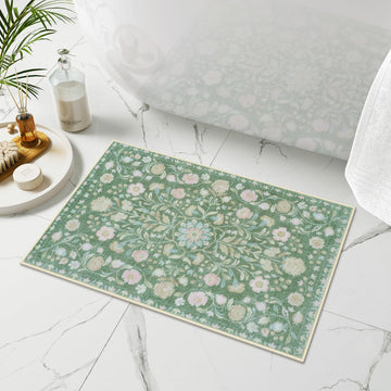 Green Bathroom Rug Distressed Boho Bathroom Mat Soft Plush Machine Washable Bath Mat Non-Slip Vintage Floral Small