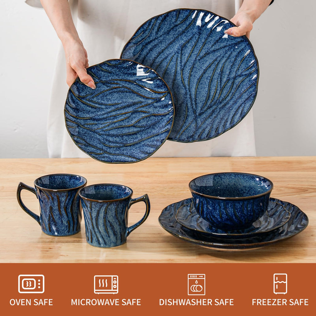 Ceramic Dinnerware Sets for 4, 16 pcs Plates and Bowls Sets, Reactive Glaze Ceramic Dish Set, Scratch Resistant