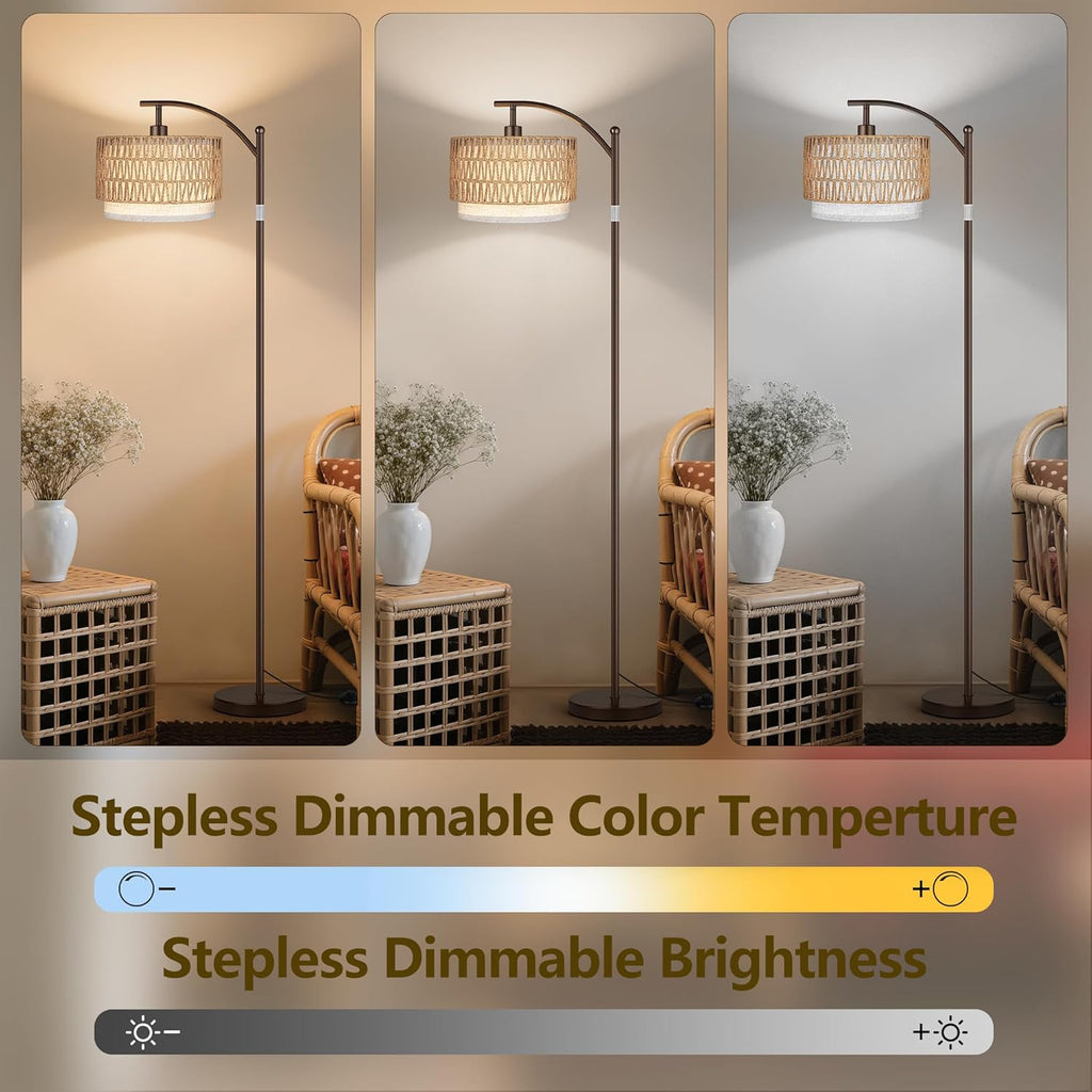 Arc Floor Lamps, Boho Farmhouse Floor Lamp with Remote & Dimmable Bulb, Standing Lamp with Rattan & Fabric Shades