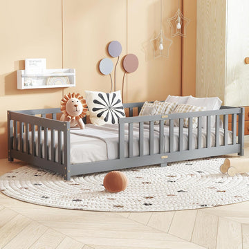 Twin Floor Bed with Slats and Guardrails, Wood Montessori Floor Beds with Fence, Easy Assemble Floor Bed for Kids