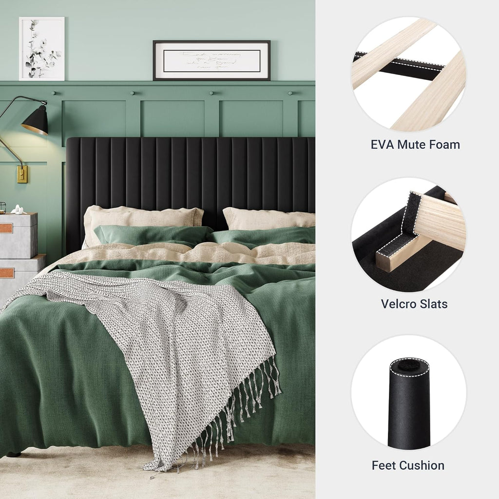 King Platform Bed Frame, Velvet Upholstered with Adjustable Vertical Channel Tufted Headboard