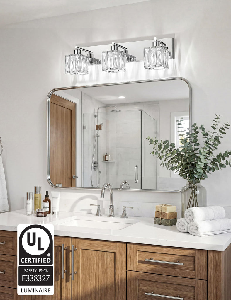 3-Light Crystal Bathroom Vanity Light Square, Chrome