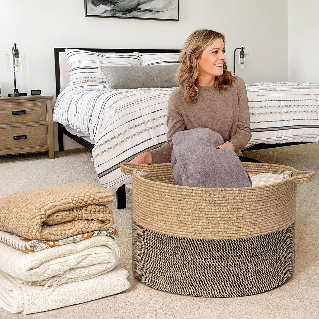 Large Wicker Basket for Blankets, Baby Toy Storage Basket, 85L | 21.7 x 21.7 x 13.8 In Baby Storage Basket , Blanket
