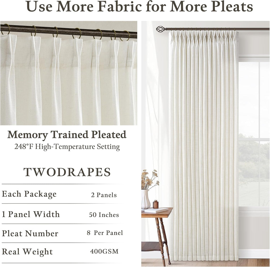 Farmhouse Linen Pleat Ivory Cream Semi Sheer Curtains 80 Inch Long 2 Panels