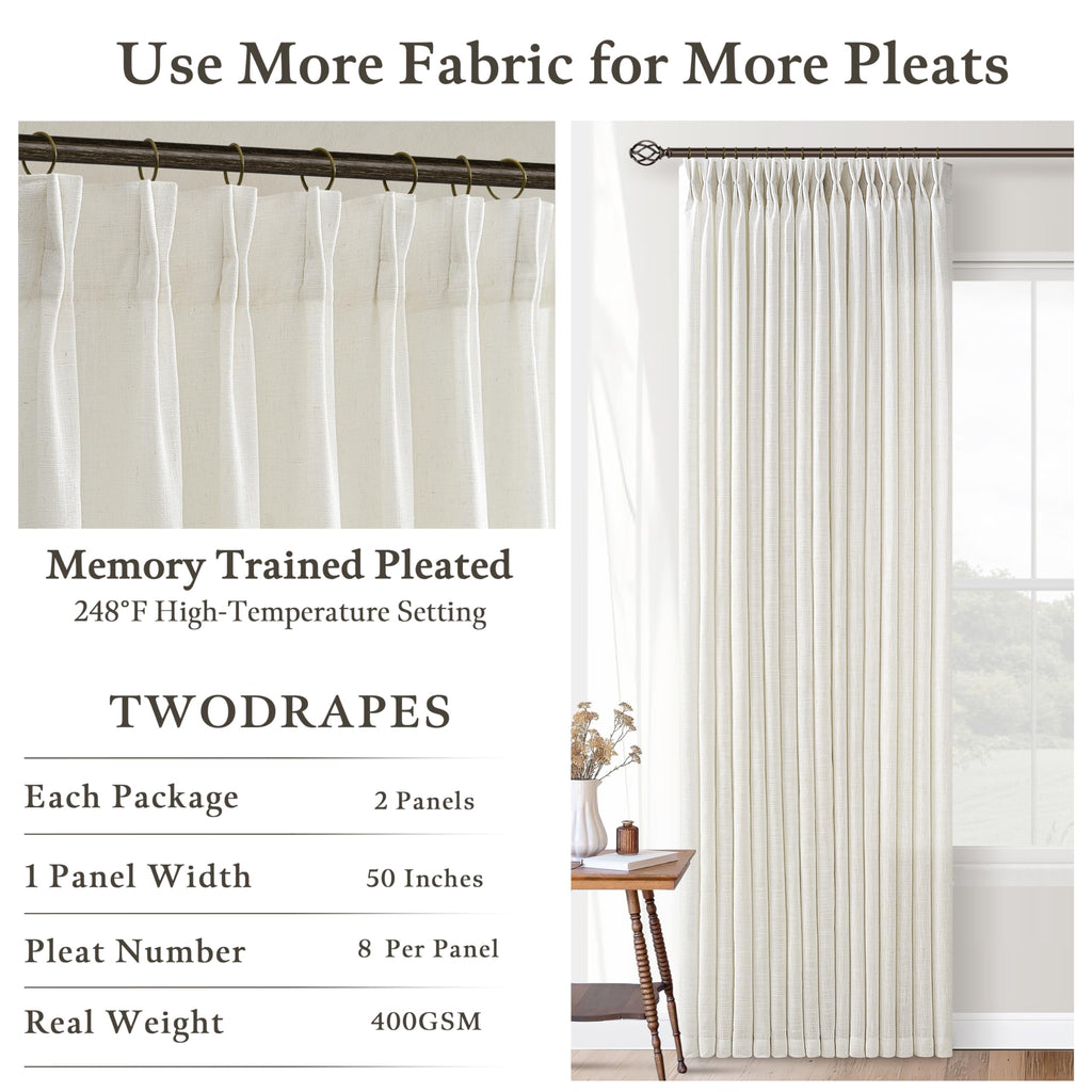 Pleated Linen Cream Light Filter Sheer Boho Curtains 112 Inches Length 50W