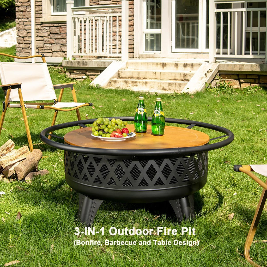 38 Inch Fire Pit - Wood Burning with Grill Table