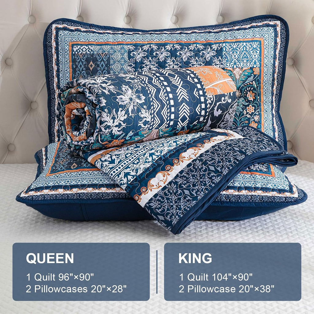 Navy Blue Quilt Set, Bohemian Patchwork Bedspread Coverlet Set, Reversible Farmhouse Floral Pattern Bedspreads