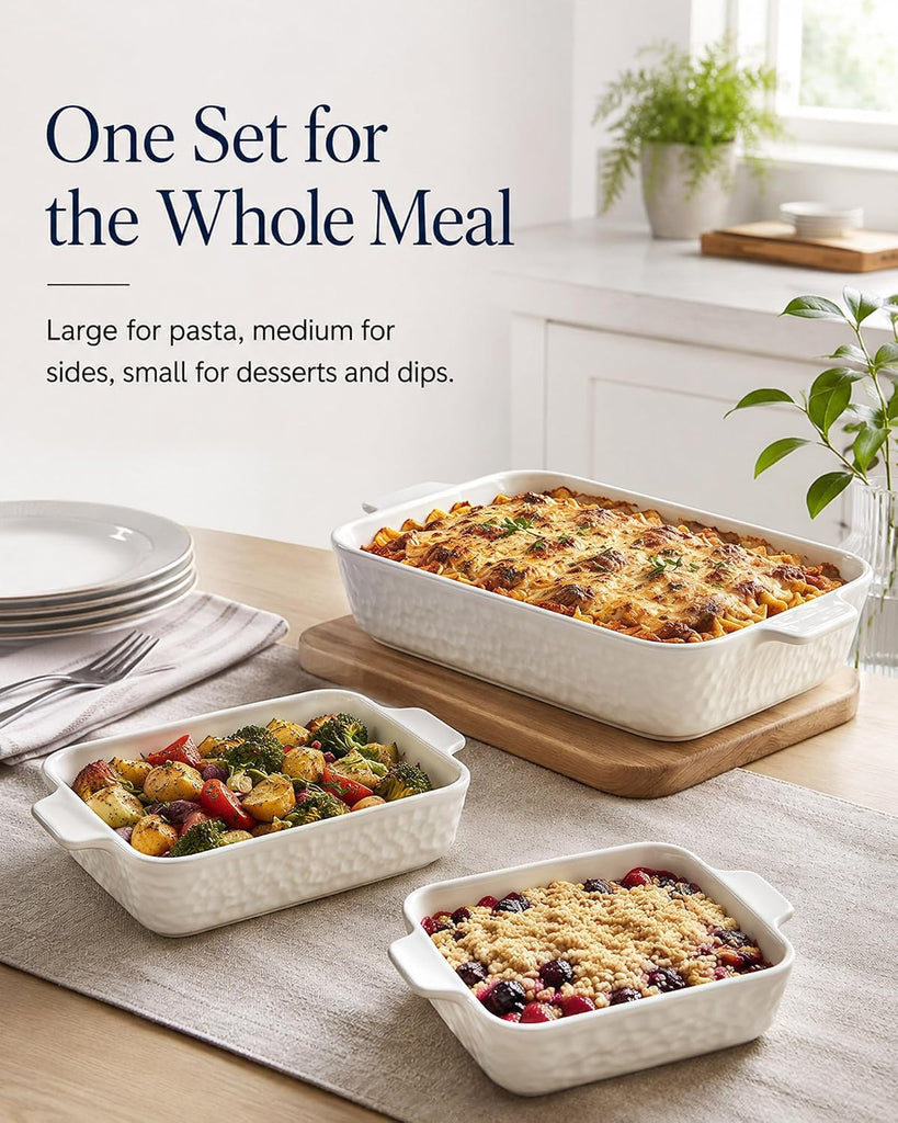 Ceramic Dish Set of 3, Casserole Dishes for Oven | Rectangular ceramic dishes with handles for lasagna, pasta, sides